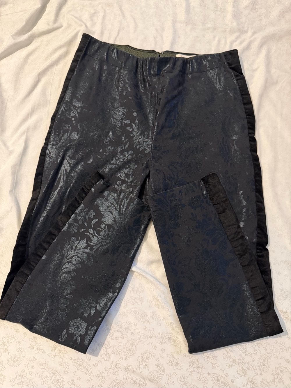 Anthropologie Black Floral Jacquard Dress Pants with Side Trim